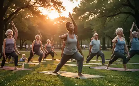 Eine Gruppe von Menschen praktiziert Yoga im Freien in einem Park bei Sonnenuntergang, umgeben von üppigem Grün. - Foto: über boerse-global.de