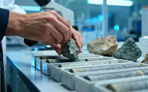 Geologenplatzierung von Gesteinskernproben in Behältern in einem Labor mit wissenschaftlicher Ausrüstung im Hintergrund. - Foto: über boerse-global.de