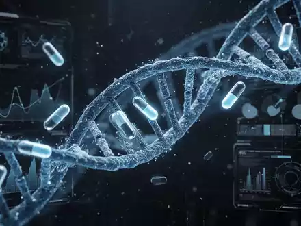 Eine stilisierte blaue DNA-Helix, umgeben von leuchtenden Medikamentenkapseln und abstrakten medizinischen Daten, symbolisiert Innovation in der Prostatakrebsbehandlung. - Foto: über boerse-global.de