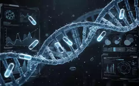Eine stilisierte blaue DNA-Helix, umgeben von leuchtenden Medikamentenkapseln und abstrakten medizinischen Daten, symbolisiert Innovation in der Prostatakrebsbehandlung. - Foto: über boerse-global.de
