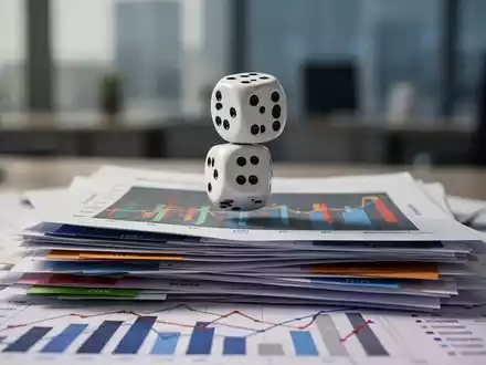 Ein einzelner Würfel, der eine hohe Zahl zeigt, balanciert auf einem Stapel von Finanzdiagrammen und -grafiken in einem Büro. - Foto: über boerse-global.de