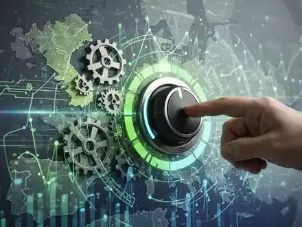 Abstrakte Darstellung von Zahnrädern und digitalen Datenströmen, die die Kontrolle von Treibhausgasemissionen symbolisieren. - Foto: über boerse-global.de