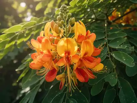 Nahaufnahme von leuchtenden Sesbania grandiflora Blüten und grünen Blättern in natürlicher, sonnenbeschienener Umgebung. - Foto: über boerse-global.de