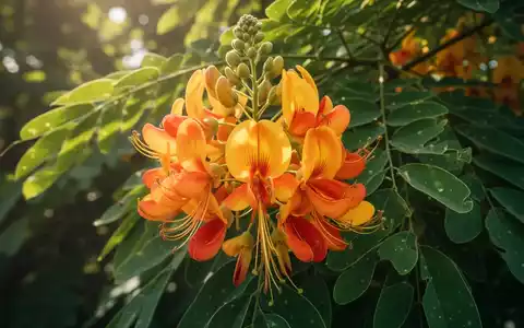 Nahaufnahme von leuchtenden Sesbania grandiflora Blüten und grünen Blättern in natürlicher, sonnenbeschienener Umgebung. - Foto: über boerse-global.de