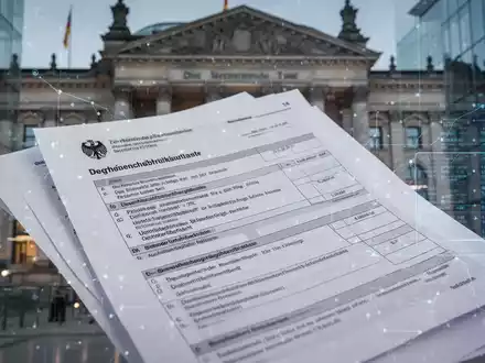 Eine Nahaufnahme von deutschen Steuerdokumenten mit angedeuteten digitalen Elementen, die gesetzliche und technologische Änderungen symbolisieren. - Foto: über boerse-global.de