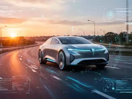 A sleek, futuristic self-driving car on a highway, with digital regulatory symbols overlaid, representing global autonomous vehicle laws. - Foto: über boerse-global.de