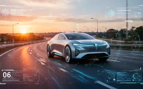 A sleek, futuristic self-driving car on a highway, with digital regulatory symbols overlaid, representing global autonomous vehicle laws. - Foto: über boerse-global.de