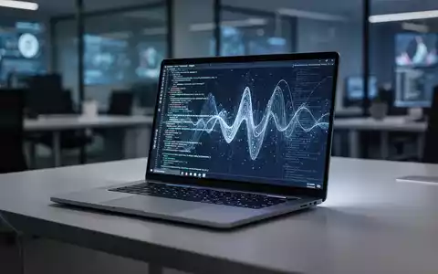A sleek, modern laptop with a glowing screen displaying abstract code, resting on a minimalist desk in a high-tech office. - Foto: über boerse-global.de