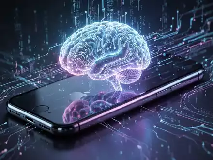 Ein stilisiertes Bild eines leuchtenden, schaltkreisartigen Gehirns, das in ein elegantes Apple iPhone integriert ist, mit Datenströmen. - Foto: über boerse-global.de