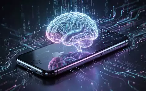Ein stilisiertes Bild eines leuchtenden, schaltkreisartigen Gehirns, das in ein elegantes Apple iPhone integriert ist, mit Datenströmen. - Foto: über boerse-global.de