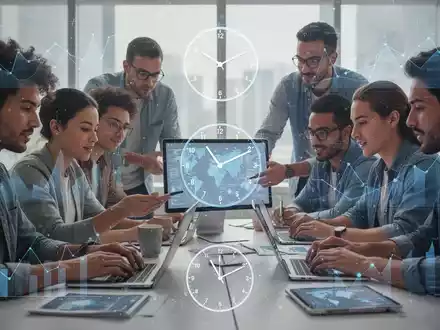 Eine Gruppe von Menschen, die an Laptops und Tablets arbeiten, mit Überlagerungen von Datenvisualisierungen und einer Uhr, die Flexibilität und Technologie am Arbeitsplatz symbolisiert. - Foto: über boerse-global.de