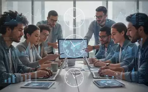 Eine Gruppe von Menschen, die an Laptops und Tablets arbeiten, mit Überlagerungen von Datenvisualisierungen und einer Uhr, die Flexibilität und Technologie am Arbeitsplatz symbolisiert. - Foto: über boerse-global.de