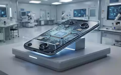 A futuristic smartphone with advanced camera lenses and glowing screen, on a minimalist stand in a high-tech lab. - Foto: über boerse-global.de
