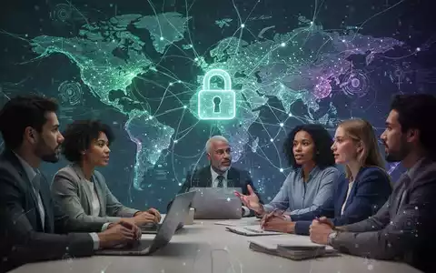 Digital representation of global networks with glowing lines, a secure padlock, and a diverse group of people collaborating, symbolizing digital security and inclusion. - Foto: über boerse-global.de