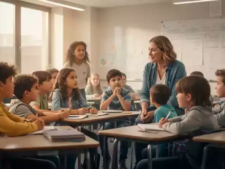 Jugendliche und Kinder in einem hellen Klassenzimmer, die mit einem Erwachsenen sprechen, was Unterstützung und psychische Gesundheit symbolisiert. - Foto: über boerse-global.de