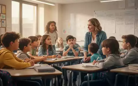 Jugendliche und Kinder in einem hellen Klassenzimmer, die mit einem Erwachsenen sprechen, was Unterstützung und psychische Gesundheit symbolisiert. - Foto: über boerse-global.de