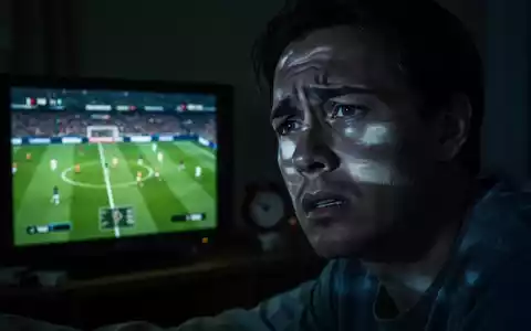 Müdes Gesicht einer Person, beleuchtet vom Fernseher, der ein Fußballspiel zeigt, symbolisiert Schlafmangel durch spätes Schauen. - Foto: über boerse-global.de