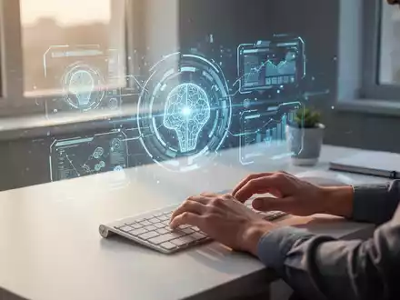 Eine Person sitzt an einem modernen Schreibtisch und interagiert mit einer leuchtenden, stilisierten KI-Oberfläche, die auf den Tisch projiziert wird. - Foto: über boerse-global.de
