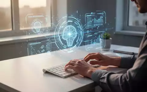 Eine Person sitzt an einem modernen Schreibtisch und interagiert mit einer leuchtenden, stilisierten KI-Oberfläche, die auf den Tisch projiziert wird. - Foto: über boerse-global.de