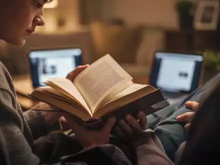 Eine Person liest konzentriert ein physisches Buch in einer ruhigen Umgebung, mit unscharfen digitalen Geräten im Hintergrund. - Foto: über boerse-global.de