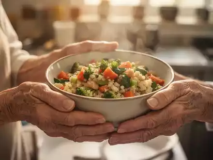 Hände einer älteren Person halten eine Schale mit gesundem, warmem Essen. Hintergrund ist unscharf. - Foto: über boerse-global.de