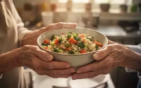 Hände einer älteren Person halten eine Schale mit gesundem, warmem Essen. Hintergrund ist unscharf. - Foto: über boerse-global.de