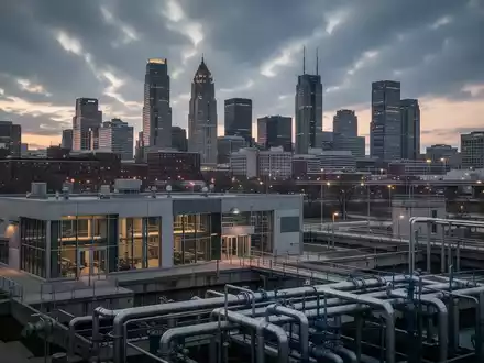 Milwaukee Skyline bei Sonnenuntergang mit einer modernen Wasseraufbereitungsanlage im Vordergrund, die Unsicherheit im Versorgungssektor widerspiegelt. - Foto: über boerse-global.de