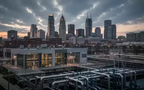 Milwaukee Skyline bei Sonnenuntergang mit einer modernen Wasseraufbereitungsanlage im Vordergrund, die Unsicherheit im Versorgungssektor widerspiegelt. - Foto: über boerse-global.de