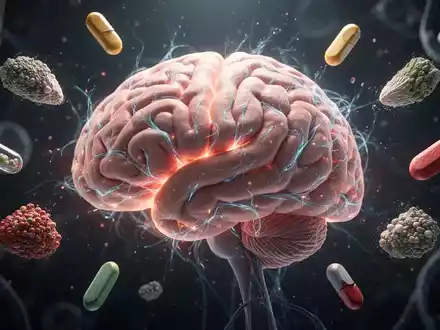 Ein detailliertes Bild eines Gehirns mit leuchtenden neuronalen Pfaden, umgeben von stilisierten Vitaminen und Mineralien. - Foto: über boerse-global.de