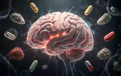 Ein detailliertes Bild eines Gehirns mit leuchtenden neuronalen Pfaden, umgeben von stilisierten Vitaminen und Mineralien. - Foto: über boerse-global.de