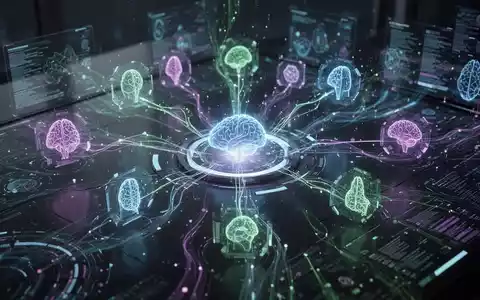 Eine futuristische digitale Oberfläche, auf der mehrere KI-Agenten-Symbole in einem zentralen Hub zusammenlaufen, um die Vereinigung von KI-Agenten darzustellen. - Foto: über boerse-global.de