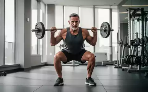 Ein Mann über 40 führt eine Kniebeuge in einem modernen Fitnessstudio aus, fokussiert auf Krafttraining und Muskelaufbau. - Foto: über boerse-global.de