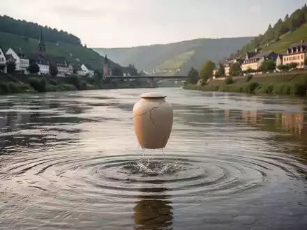 Eine biologisch abbaubare Urne sinkt sanft in einen Fluss, im Hintergrund die Ufer der Mosel oder des Rheins bei Sonnenuntergang. - Foto: über boerse-global.de