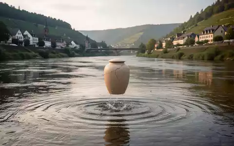 Eine biologisch abbaubare Urne sinkt sanft in einen Fluss, im Hintergrund die Ufer der Mosel oder des Rheins bei Sonnenuntergang. - Foto: über boerse-global.de