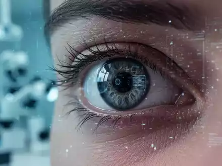 Nahaufnahme eines menschlichen Auges, das digitale Reflexionen zeigt, mit unscharfem Hintergrund medizinischer Technologie. - Foto: über boerse-global.de