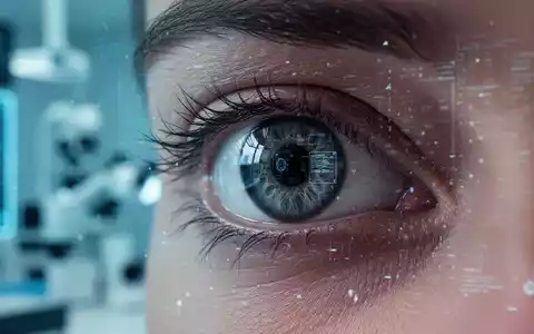 Nahaufnahme eines menschlichen Auges, das digitale Reflexionen zeigt, mit unscharfem Hintergrund medizinischer Technologie. - Foto: über boerse-global.de