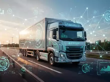 Ein moderner Lastwagen auf einer Autobahn mit digitalen Überlagerungen, die KI-Algorithmen und Netzwerkverbindungen zeigen, welche Telematik symbolisieren. - Foto: über boerse-global.de