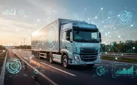Ein moderner Lastwagen auf einer Autobahn mit digitalen Überlagerungen, die KI-Algorithmen und Netzwerkverbindungen zeigen, welche Telematik symbolisieren. - Foto: über boerse-global.de