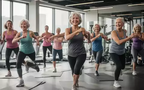 Eine Gruppe aktiver Frauen über 50 trainiert gemeinsam in einem hellen Fitnessstudio und führt funktionelle Übungen durch. - Foto: über boerse-global.de