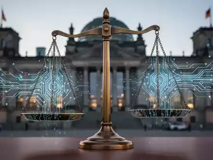 Stylized legal scales balancing digital data and circuit patterns, with the German Bundestag in the background, symbolizing AI regulation. - Foto: über boerse-global.de