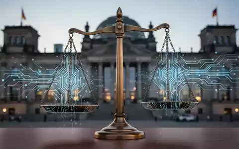 Stylized legal scales balancing digital data and circuit patterns, with the German Bundestag in the background, symbolizing AI regulation. - Foto: über boerse-global.de
