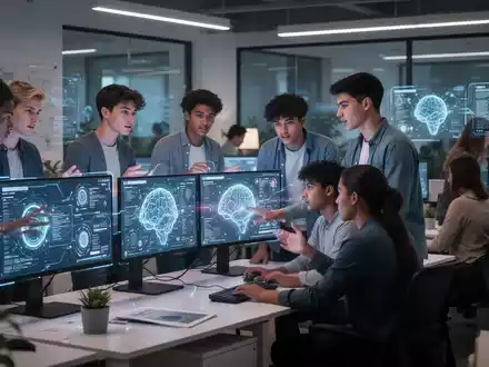 Junge Fachkräfte (Millennials und Gen Z) in einem modernen Büro, einige interagieren mit KI-Schnittstellen, andere arbeiten zusammen. - Foto: über boerse-global.de