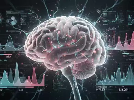 Ein stilisiertes menschliches Gehirn mit leuchtenden neuronalen Pfaden, überlagert von abstrakten Daten und Zahlen. - Foto: über boerse-global.de