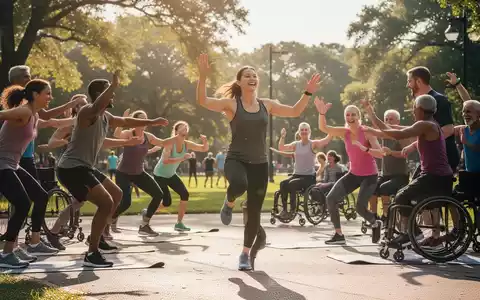 Eine vielfältige Gruppe von Menschen jeden Alters und mit unterschiedlichen Fähigkeiten nimmt an einem Outdoor-Fitnesskurs in einem sonnigen Park teil. - Foto: über boerse-global.de