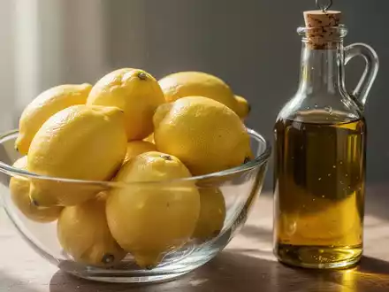 Nahaufnahme einer Glasschale mit leuchtend gelben Zitronen und einer Flasche Olivenöl, beleuchtet von weichem, natürlichem Licht. - Foto: über boerse-global.de