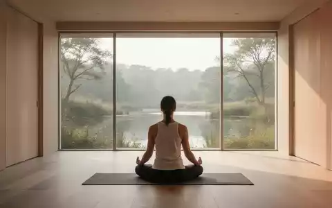 Ein ruhiger Meditationsraum mit großen Fenstern und Blick auf eine friedliche Naturlandschaft, symbolisiert Entspannung und Achtsamkeit. - Foto: über boerse-global.de