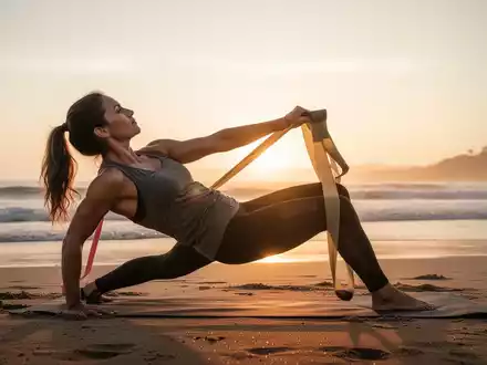 Eine Person macht DehnĂŒbungen mit einem Widerstandsband am Strand bei Sonnenaufgang, um die Muskulatur im Urlaub zu erhalten. - Foto: ĂŒber boerse-global.de