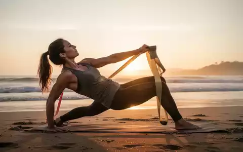 Eine Person macht Dehnübungen mit einem Widerstandsband am Strand bei Sonnenaufgang, um die Muskulatur im Urlaub zu erhalten. - Foto: über boerse-global.de
