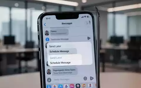 Close-up of an iPhone screen showing a messaging app with a message scheduling option, set against a blurred office background. - Foto: über boerse-global.de