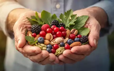 Hände eines älteren Menschen halten eine Auswahl an frischen Beeren, Nüssen und grünem Blattgemüse, die natürliche Heilmittel darstellen. - Foto: über boerse-global.de